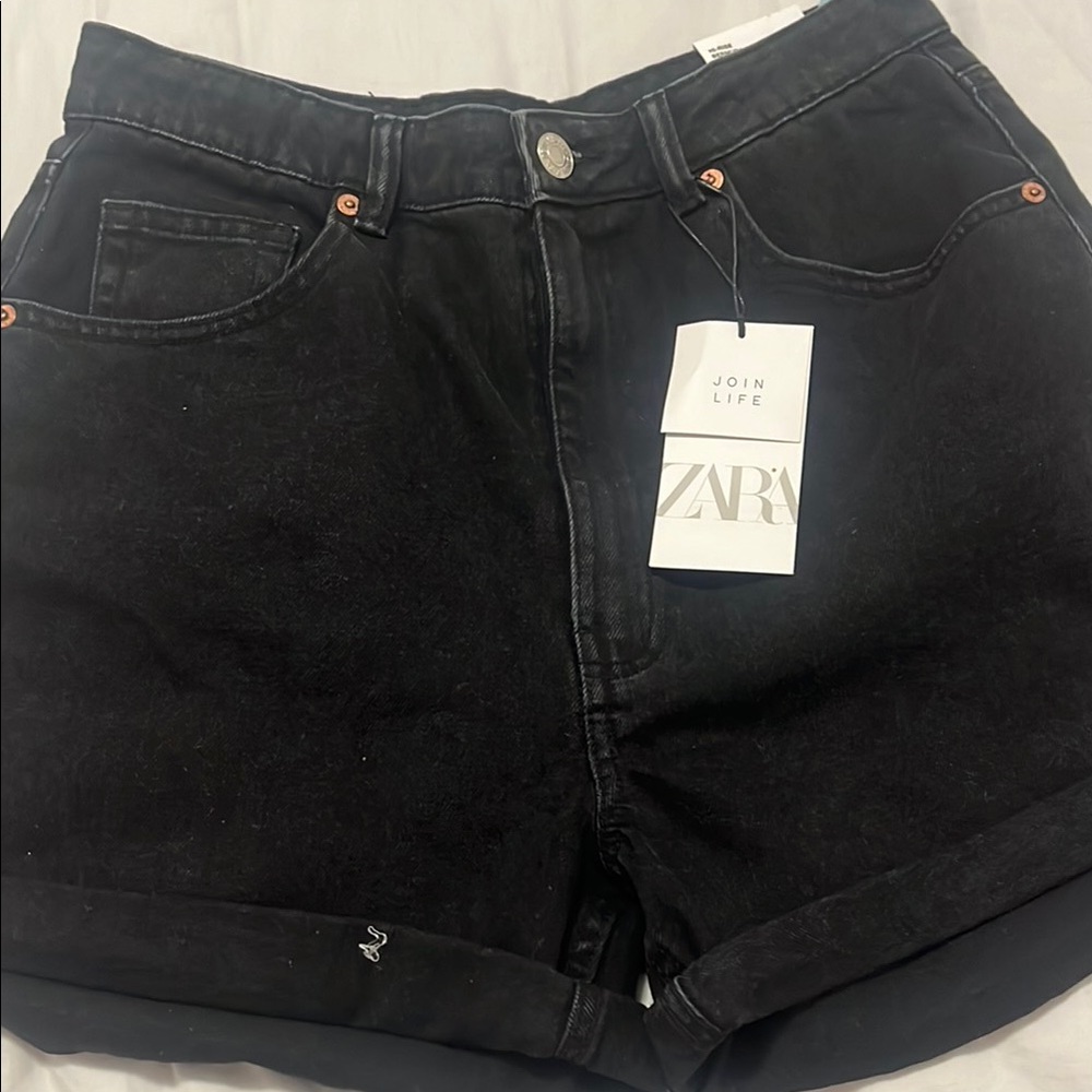 Zara Black Jean Shorts with Cuffed Hem